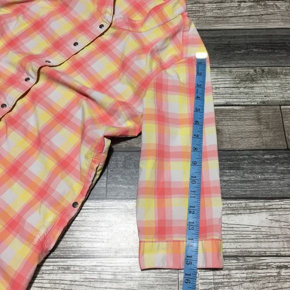 Helly Hansen Plaid Snap Button Shirt Women’s S Pink Yellow 1/2 Sleeve Collarless - Picture 3 of 9